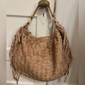 Miu Miu Beige Fringe Woven Hobo Bag